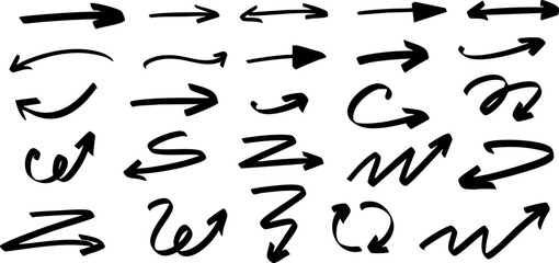 Collection of 30 hand-drawn black arrows in various dynamic styles. Curved, straight, bold, and zigzag designs on transparent background. Vector EPS 10