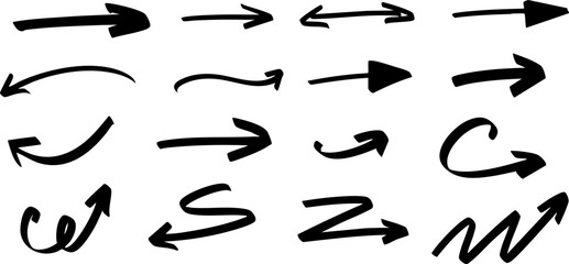 Collection of 20 hand-drawn black arrows in various dynamic styles. Curved, straight, bold, and zigzag designs on transparent background. Vector EPS 10