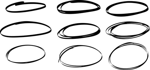 Set of 9 black hand-drawn oval marker circles. Each shape features dynamic sketch strokes on transparent background. Vector EPS 10