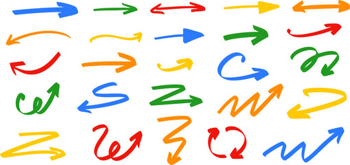 Set of 30 colorful hand-drawn arrows in various curved, straight, zigzag, and looped styles on transparent background. Vector EPS 10