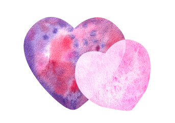 Two overlapping hearts in pink and purple shades with soft texture watercolor illustration isolated on white. Perfect for romantic design, Valentines Day cards, wedding invitation, love-themed decor