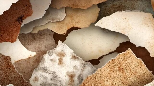 Close-up animated background of layered old torn paper with vintage grunge textures