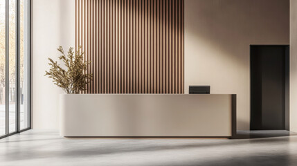 Reception counter mockup Minimalist style front interior registration copy space desk design indoor decoration front view White counter material monitor green plant decoration