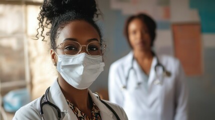Two healthcare professionals in masks stand in a medical office, showcasing teamwork and commitment to patient safety. The image highlights diversity and expertise in healthcare.