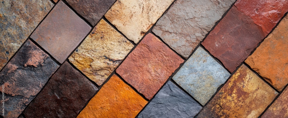 Poster a vibrant arrangement of natural stone tiles showcases a beautiful diagonal pattern. the diverse col