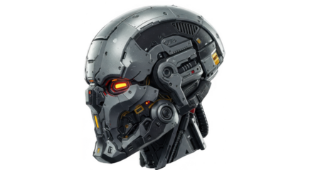 Futuristic robotic head with intricate mechanical details and glowing orange eyes, isolated on a white background.