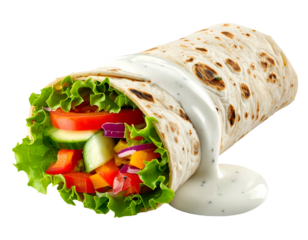 vegetarian veggie wrap with fresh raw vegetables and yogurt sauce dripping on isolated background for healthy food concept and clean eating design
