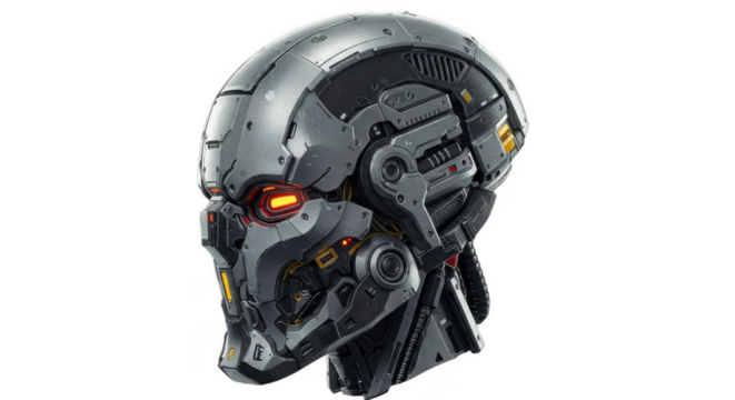 Futuristic robotic head with intricate mechanical details and glowing orange eyes, isolated on a white background.