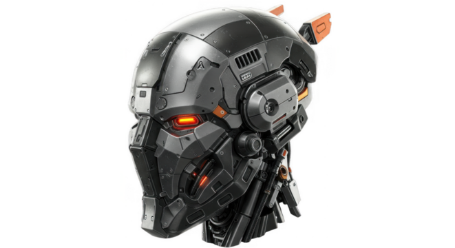 Close-up of a detailed, futuristic robotic head with glowing orange eyes, showcasing intricate design and metallic textures.