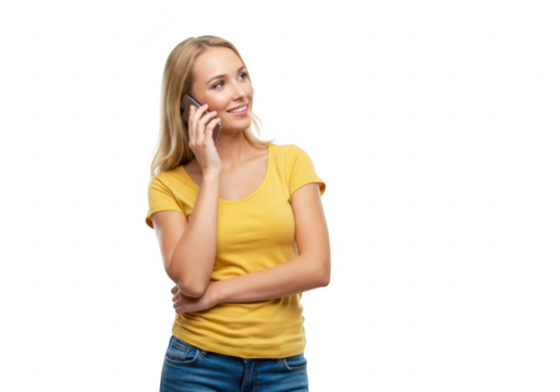 Happy young woman talking on a mobile phone isolated on transparent background - Powered by Adobe