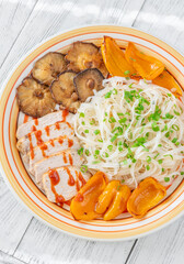 Rice Noodles with Shiitake, Grilled Peppers, Chicken, Sriracha, and Green Onion