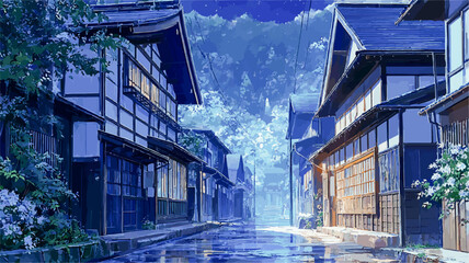 Traditional Japanese houses lining a wet street reflecting the blue night sky