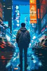 Vector illustration of a man standing in a rainy city street at night, with neon lights, reflections, and cars passing by