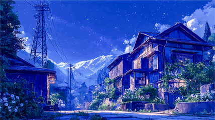 Picturesque japanese village bathed in soft moonlight, with traditional houses and snowy mountain in the background, creating a serene and magical atmosphere