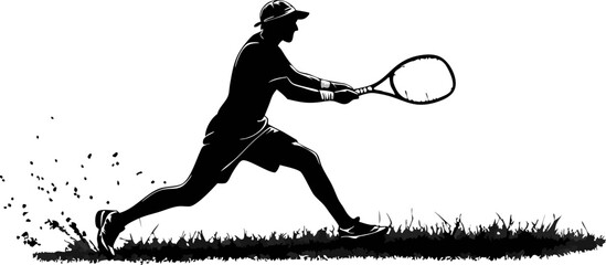 Dynamic vector silhouette of a tennis player hitting a ball on a grass court, perfect for sports-related designs