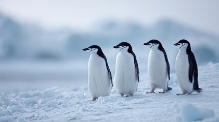 Naklejka premium flat lay of a group of penguins on icy terrain, color tones: frost white, tuxedo black, and soft blue