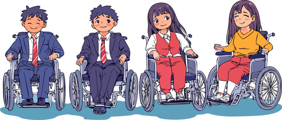 Four people using wheelchairs are smiling, promoting inclusivity and diversity in business and society