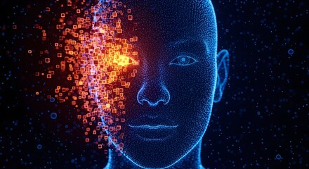 A digital human face with one side dissolving into glowing orange particles. Concept of AI, digital transformation, virtual identity, or data processing.