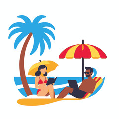 Beach Relaxation Illustration-Couple enjoying summer vacation with reading and working-Tropical paradise with palm tree and umbrellas-Vector design for travel blog