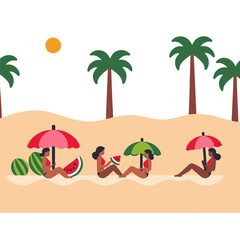Obraz premium Beach Day Illustration-Women Relaxing Under Umbrellas-Enjoying Watermelon and Sunshine-Tropical Palm Trees-Summer Vacation Vibes-Island Getaway-Relaxation and Fun