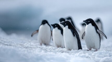 Obraz premium flat lay of a group of penguins on icy terrain, color tones: frost white, tuxedo black, and soft blue