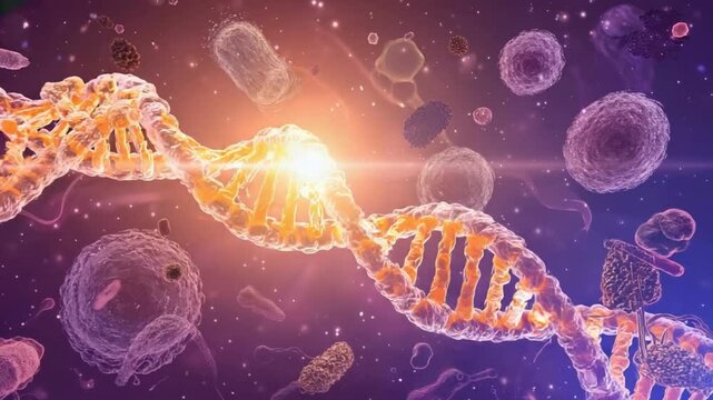 Decoding the Core: A detailed depiction of DNA helix illuminated amidst a vibrant array of biological components, symbolizing the intricate beauty of life. 
