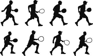 Eight silhouettes of a tennis player running with a racket, creating a dynamic and energetic vector illustration