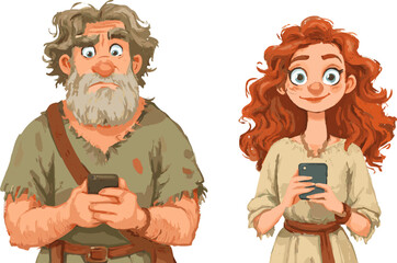 Cartoon illustration of a confused caveman and smiling cavewoman using smartphones, depicting the evolution of technology and communication across time