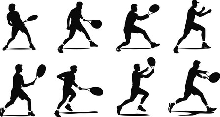 Set of vector silhouettes of tennis players performing various actions, including serving, running, and hitting with rackets