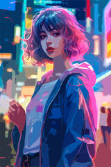 Vector illustration of a fashionable young woman with colorful hair standing in a dynamic, neon-lit urban environment