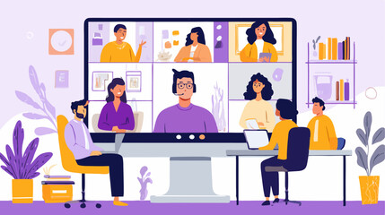 Coworkers attending online meeting via video conference and working from home