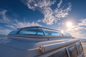 Obraz premium White vehicle with domed glass roof under sunny cloudy sky