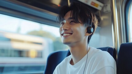 Contented commuter: Young man smiling, enjoying music on the train journey