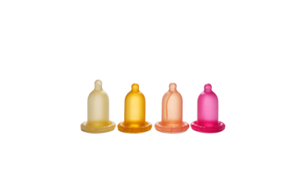 Four colorful condoms arranged in a row isolated on a transparent background pink orange