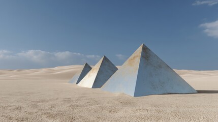 Three metal pyramids partially buried in sand in desert with blue sky