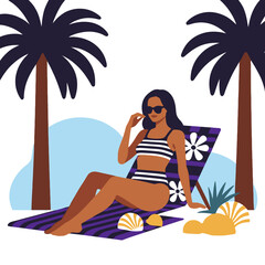 Summer Getaway Illustration-Woman Relaxing on Beach-Tropical Vacation Vibes with Palm Trees and Seashells-Perfect Beach Day Artwork