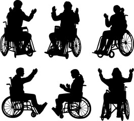 Vector silhouettes of people with disabilities raising their hands while sitting in a wheelchair