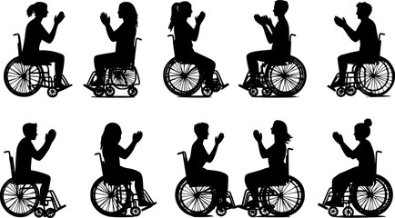 Multiple silhouettes of disabled people applauding while sitting in wheelchairs, expressing gratitude and appreciation