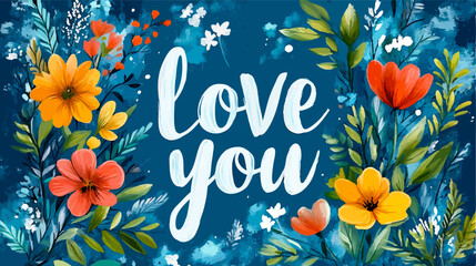 Colorful flowers creating a frame around the words love you over a blue background