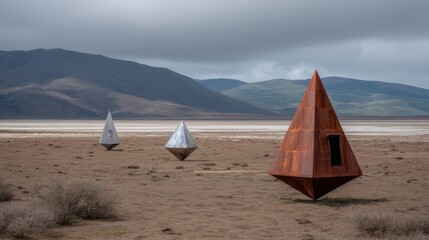 Metal pyramid sculptures standing on arid land with mountainous background