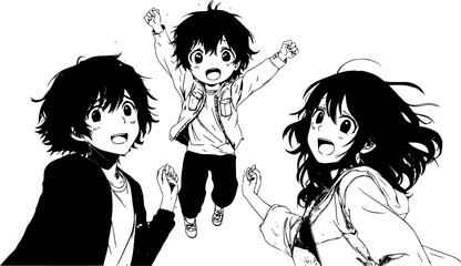 Two teenagers and a child are jumping with joy and celebrating with raised arms