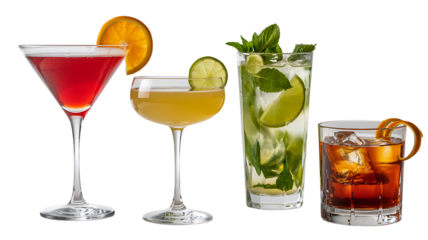 Four refreshing cocktails with fruit and mint garnishes isolated on a transparent background drink beverage