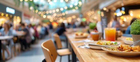 Customers enjoying their meals in a lively shopping mall atmosphere.