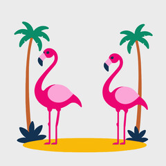 Tropical Flamingo Illustration-Whimsical Pink Birds-Palm Trees-Summer Vibes-Cute Vector Graphic-Beach Scene-Perfect for Kids-Bright and Cheerful Design