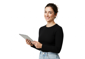 Smiling woman holding a tablet computer isolated on transparent background