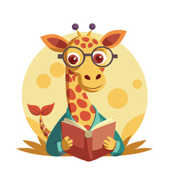 Cute giraffe wearing oversized round glasses reading a small book, funny animal vector illustration, smart cartoon wildlife design © Goutam