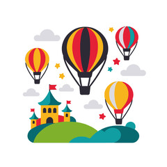 Naklejka premium Whimsical Hot Air Balloons & Castle Illustration - Colorful Vector Design with Floating Balloons over a Fairy Tale Castle- Ideal for Children's Books & Creative Projects