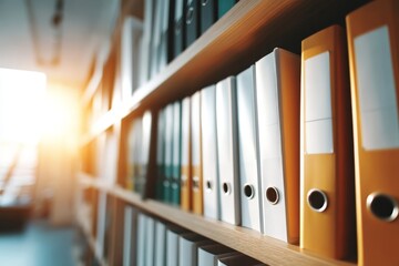 Blurred office scene showcasing shelves filled with binders and files.