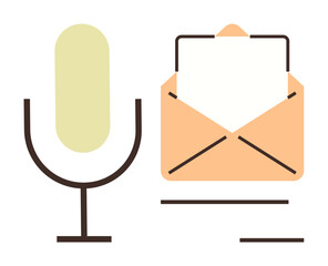 Microphone and open envelope with a letter signifying podcasting, voice messages, email, broadcasting, content sharing, audio storytelling, or creative correspondence in a simple flat metaphor