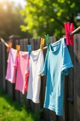 Sun-Drenched Laundry Drying on a Rustic Fence Freshly Washed Clothes Gently Blowing in a Summer Breeze, Secured with Brightly Colored Clothespins